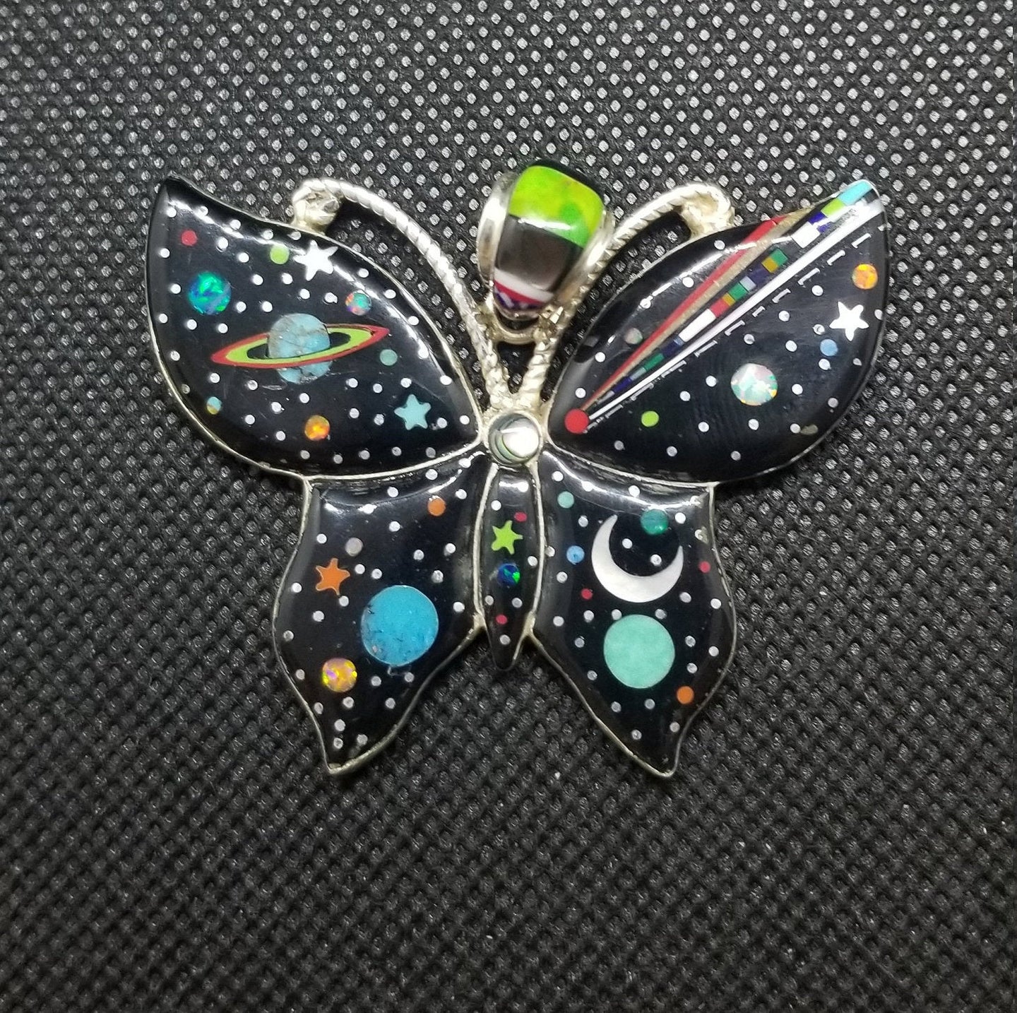 Galaxy butterfly inlay multi-stones Sterling silver pendant necklace