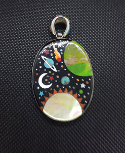 Silver Double Sided Handmade Inlay Galaxy Native American on a Horse Night Sky Pendant Necklace Sterling Silver