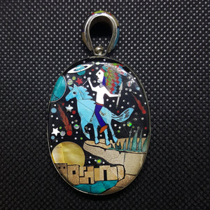 Silver Double Sided Handmade Inlay Galaxy Native American on a Horse Night Sky Pendant Necklace Sterling Silver