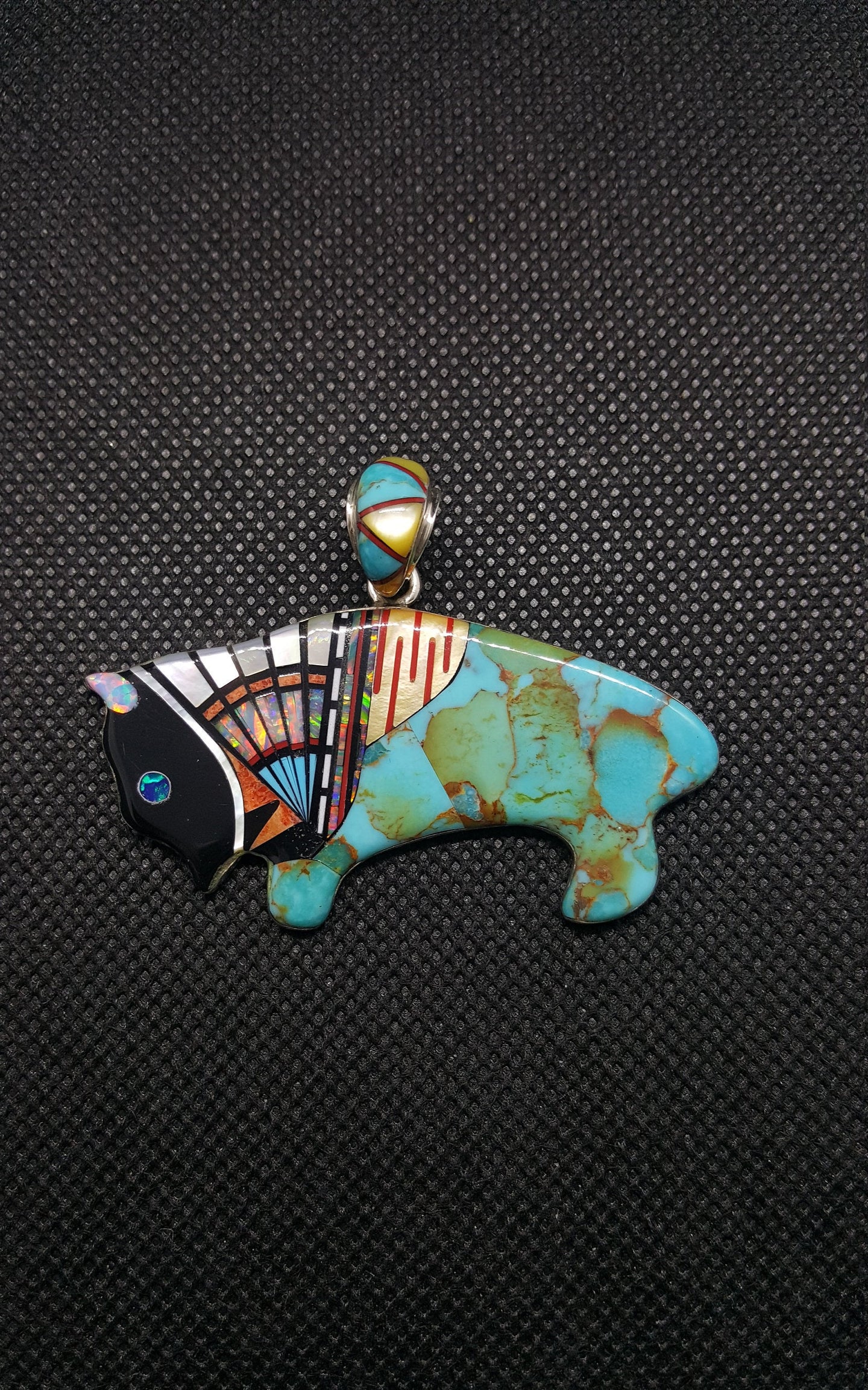 Silver Inlay Kingman Turquoise Black Onyx Fire Coral Spiny Oyster Yellow Mother of Pearl White Opal Pendant Necklace Sterling Silver